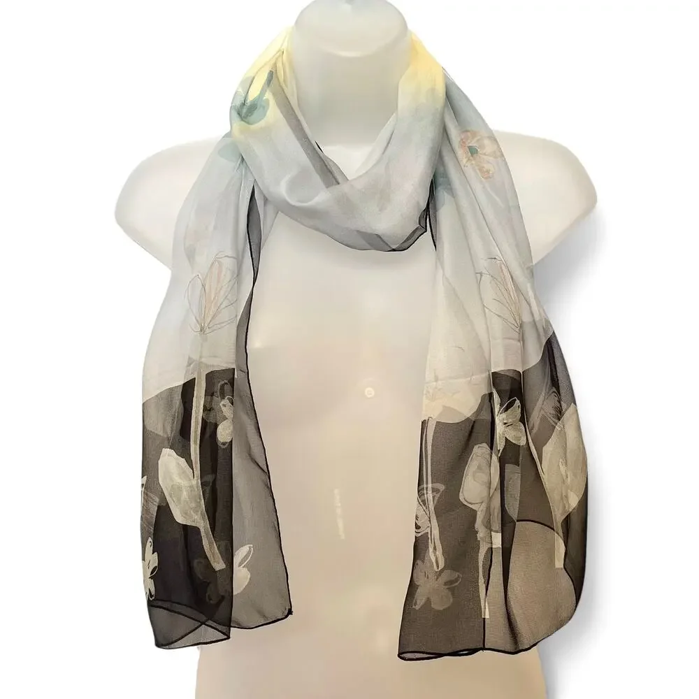 Vintage Pastel Floral Daisy Silk Chiffon Long Scarf - Made in Italy